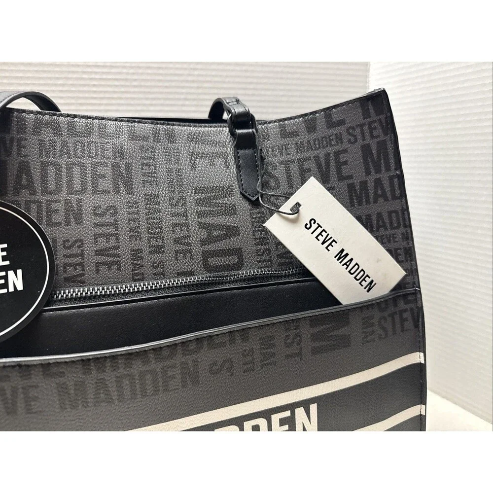Steve Madden Black Bolivia Tote Logo Bag with Interior  Pouch Black